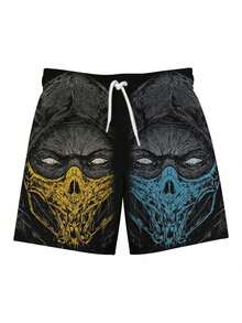 Men's High-End Texture Skull Printed Casual Beach Shorts, For Halloween - Black - View 3