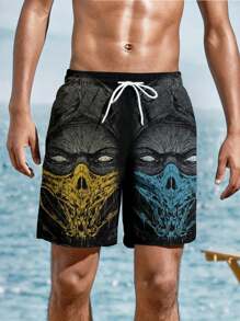 Men's High-End Texture Skull Printed Casual Beach Shorts, For Halloween - Black - View 1