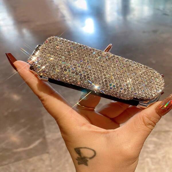 1 pieza Peine con decoración de strass brillante, plegable y portátil con espejo de maquillaje, adecuado para viajes, hogar y salidas, fácil de llevar en bolsos