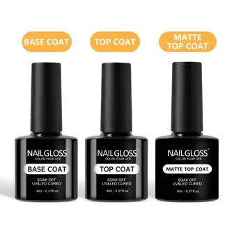 NAILGLOSS 3入組無擦拭底層、面層和啞面層——清澈膠光光澤且持久，可浸泡式指甲燈光凝膠，適用於家庭DIY和美甲沙龍