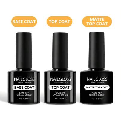 NAILGLOSS Juego de 3 piezas: Base, Top Coat y Top Coat Mate - Acabado de brillo de gel transparente y de larga duración, Gel para lámpara de uñas que se retira con remojo para uso doméstico DIY y salón de uñas