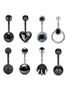 8入組時尚不鏽鋼立方氧化鋯爪鑲嵌肚臍環，女士夏季肚臍穿刺沙灘肚臍飾品