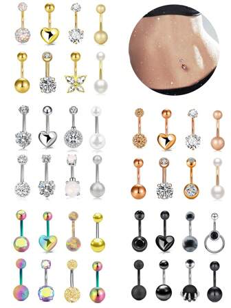8pcs Fashionable Stainless Steel Cubic Zirconia Claw Set Belly Button Rings Women's Summer Navel Piercing Beach Navel Jewelry