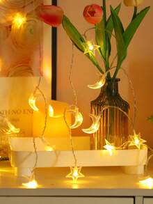 1条1.5/3/6米电池供电家居装饰星月串灯，室内房间装饰仙女灯，卧室装饰，派对装饰，婚礼装饰星光灯，卧室墙面装饰月亮串灯 - 星星+月亮 - 查看 3