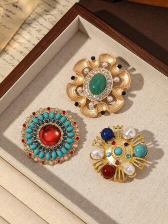 Yuan Shuo 1入繁榮時期風格合金胸針，飾有寶石和人造珍珠