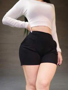 Women's Casual Shorts With Elastic High-Waist Pleats - 黑色 - 查看 4