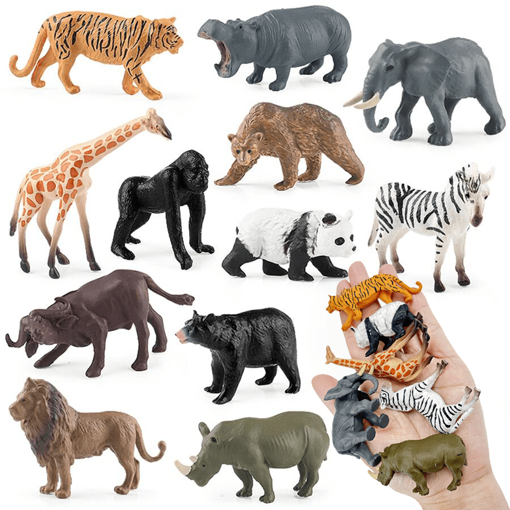 12 Stück/Set PVC Material Wild Tier Modelle (2,5-7,5 cm) die weich und sicher zum Anfassen sind - Giraffe, Löwe, Tiger, Elefant, Nilpferd, Grizzlybär, Kuh, Panda, Nashorn, Gorilla, Zebra und Schwarzbär für Kinder Bildungs-Lernen und Geburtstagsdekoration, Tiere Spielzeug, Wildtiere Party, Kuscheltiere, Tierfiguren, Tierspielzeug, Spielzeugtiere, Tierefiguren, Tierspielwaren