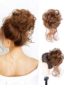 凌乱发髻发片，带卷发接发，合成发髻，发髻，凌乱卷发带，弹性发圈，假发，女士发夹，女士发饰 - 咖啡棕 - 查看 2