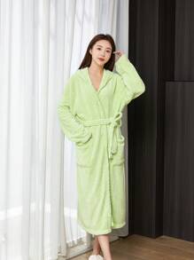 1pc Autumn/Winter Thermal Lined V-Neck Long Cardigan Robe, Coral Fleece Lined Long Sleeve With Pockets Casual Plush Robe, Women Sleepwear