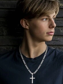 Cross Necklace For Men Women 5mm Strong Diamond-Cut Stainless Steel Figaro Link Chain  Pendant Necklace Beveled Edge Cross Chain Necklace Jewelry 18-22 Inches