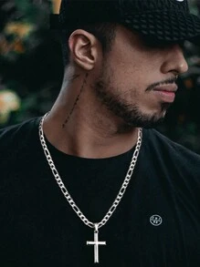 Cross Necklace For Men Women 5mm Strong Diamond-Cut Stainless Steel Figaro Link Chain  Pendant Necklace Beveled Edge Cross Chain Necklace Jewelry 18-22 Inches