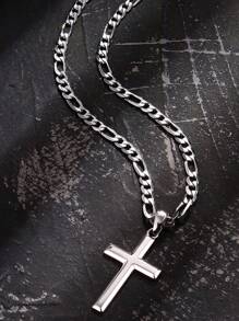 Cross Necklace For Men Women 5mm Strong Diamond-Cut Stainless Steel Figaro Link Chain  Pendant Necklace Beveled Edge Cross Chain Necklace Jewelry 18-22 Inches