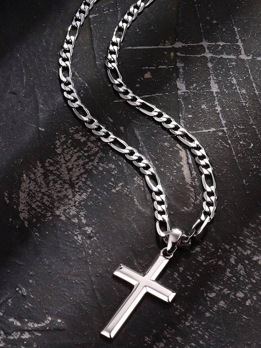 Cross Necklace For Men Women 5mm Strong Diamond-Cut Stainless Steel Figaro Link Chain  Pendant Necklace Beveled Edge Cross Chain Necklace Jewelry 18-22 Inches