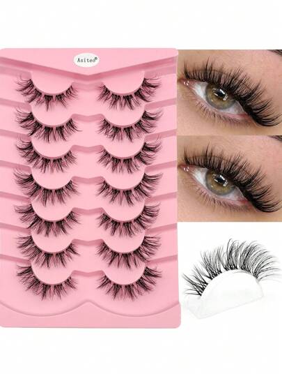  Asiteo 7 对猫眼仿貂皮睫毛自然纤长全条睫毛透明带漫画假睫毛适合日常佩戴条状睫毛，睫毛，睫毛，假睫毛