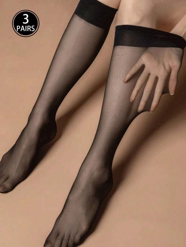 3 Pairs/Pack Women's 15d Black Stockings, Anti-Hook Core-Spun Silk Stretchy Thigh-High Socks, Suitable For Various Occasions And Halloween Costume
