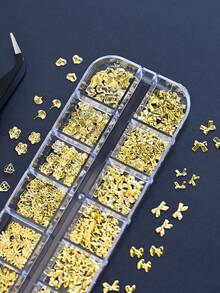 12格3D金色丝带蝴蝶结金属可爱美甲装饰饰品，花朵爱心皇冠设计混合风格卡哇伊日式美甲饰品配件，带镊子，家用DIY美甲沙龙美甲用品，美甲宝石 - 金色 - 查看 4