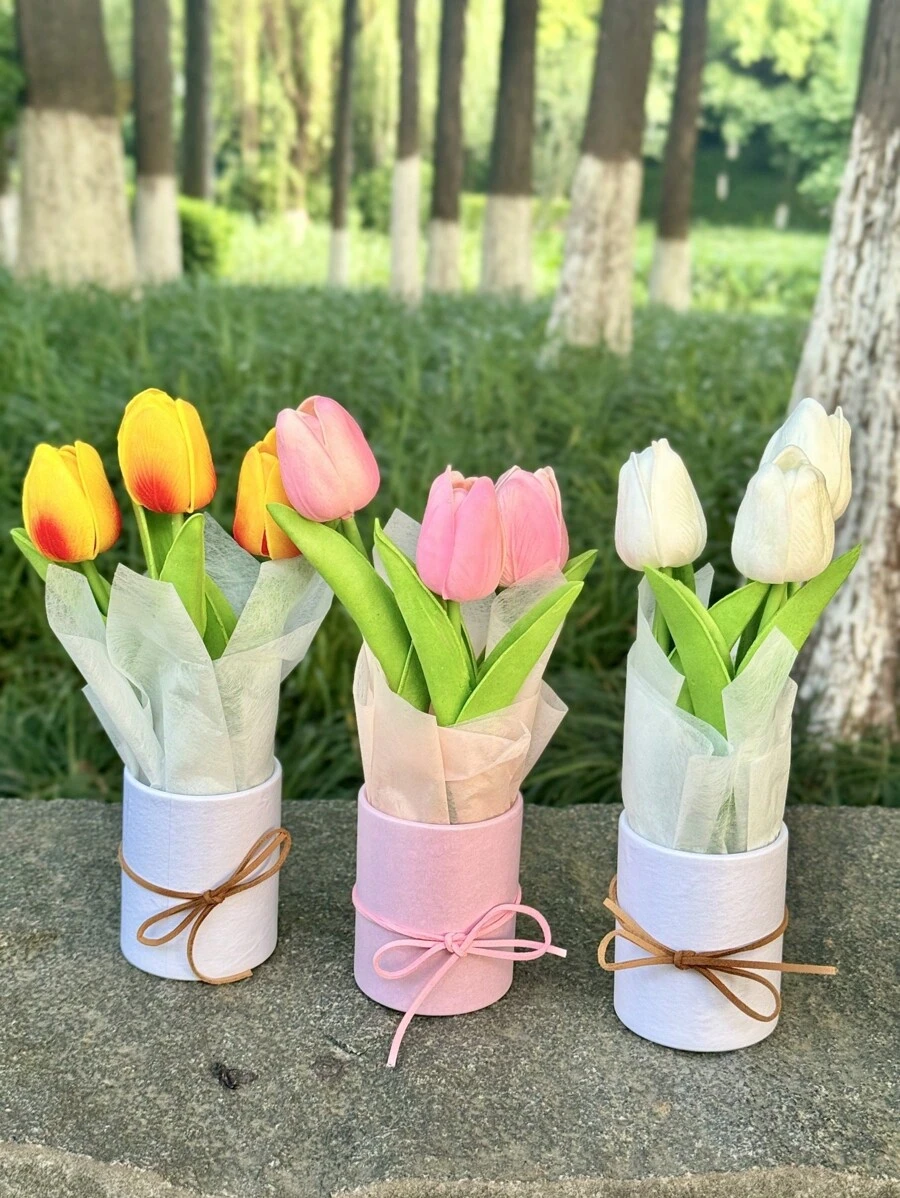 1 pieza, Ramo de tulipanes en un cubo mini creativo de abrazo con tres paquetes, para enviar a amigos, seres queridos, padres, regalos de saludos de cumpleaños, regalos de cumpleaños, suministros de decoración para fiestas - multicolor - Ver 1