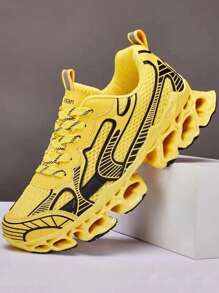 Men's Athletic Casual Outdoor Chunky Sneakers, Thick-Soled Elevator Basketball Shoes, Big Size, Yellow - Yellow - View 1
