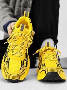 Men's Athletic Casual Outdoor Chunky Sneakers, Thick-Soled Elevator Basketball Shoes, Big Size, Yellow - Yellow - View 4