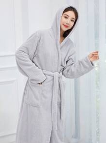 1pc Autumn/Winter Thermal Lined V-Neck Long Cardigan Robe, Coral Fleece Lined Long Sleeve With Pockets Casual Plush Robe, Women Sleepwear