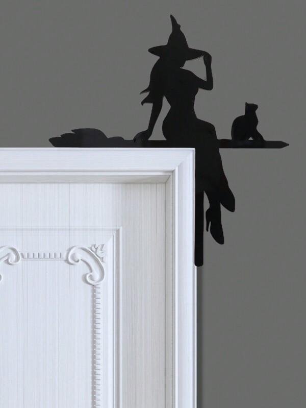 1 pièce, décoration de coin de porte d'Halloween, chat noir chevauchant un balai, décoration de cadeau d'Halloween, décoration de coin de cadre acrylique, sculpture murale de coin de cadre acrylique pour salon, chambre à coucher, intérieur et extérieur, décoration d'angle de porte à la maison