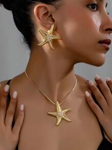 3pcs Fashionable Beach Style Starfish & Faux Pearl Pendant Necklace And Earrings Set, Women's Casual Summer - Yellow Gold - View 12