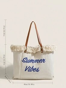 2024 New Canvas Shoulder Bag, Unique Design With Letter Pattern, Minimalist And Fashionable Beach Bag - Beige - View 2