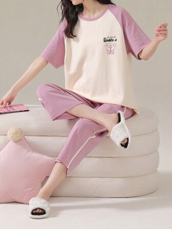 AICJ 女士纯色休闲简约插肩袖家居服，卡通熊印花圆领短袖睡衣套装，蓝白格子图案，母亲节 2 件套，两件套