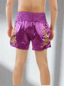 Muay Thai Shorts - Kickboxing Short Boxing Trunks For Boyfriend Style Men & WoBoyfriend Style Men, Gold Embroidery & Drawstring, Martial Arts Sport Grappling Training Boxer Shorts - Purple - View 6