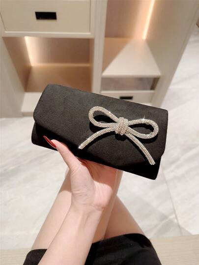 Moonlit EveBag 華麗閃爍鑲嵌蝴蝶裝飾晚宴手拿包，正式黑色派對包，帶有蓋子，鏈條和信封帶，絲絨舞會手提包