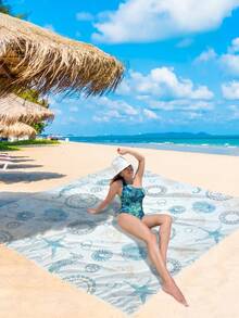 1pc Extra Large Outdoor Picnic Mat/Beach Blanket With White Starfish And Seashell Pattern, Waterproof And Portable Camping Mat For Family And Friends Gathering In Spring, Summer And Autumn, Camping, Hiking, Travel, Etc. - Multicolor - View 6