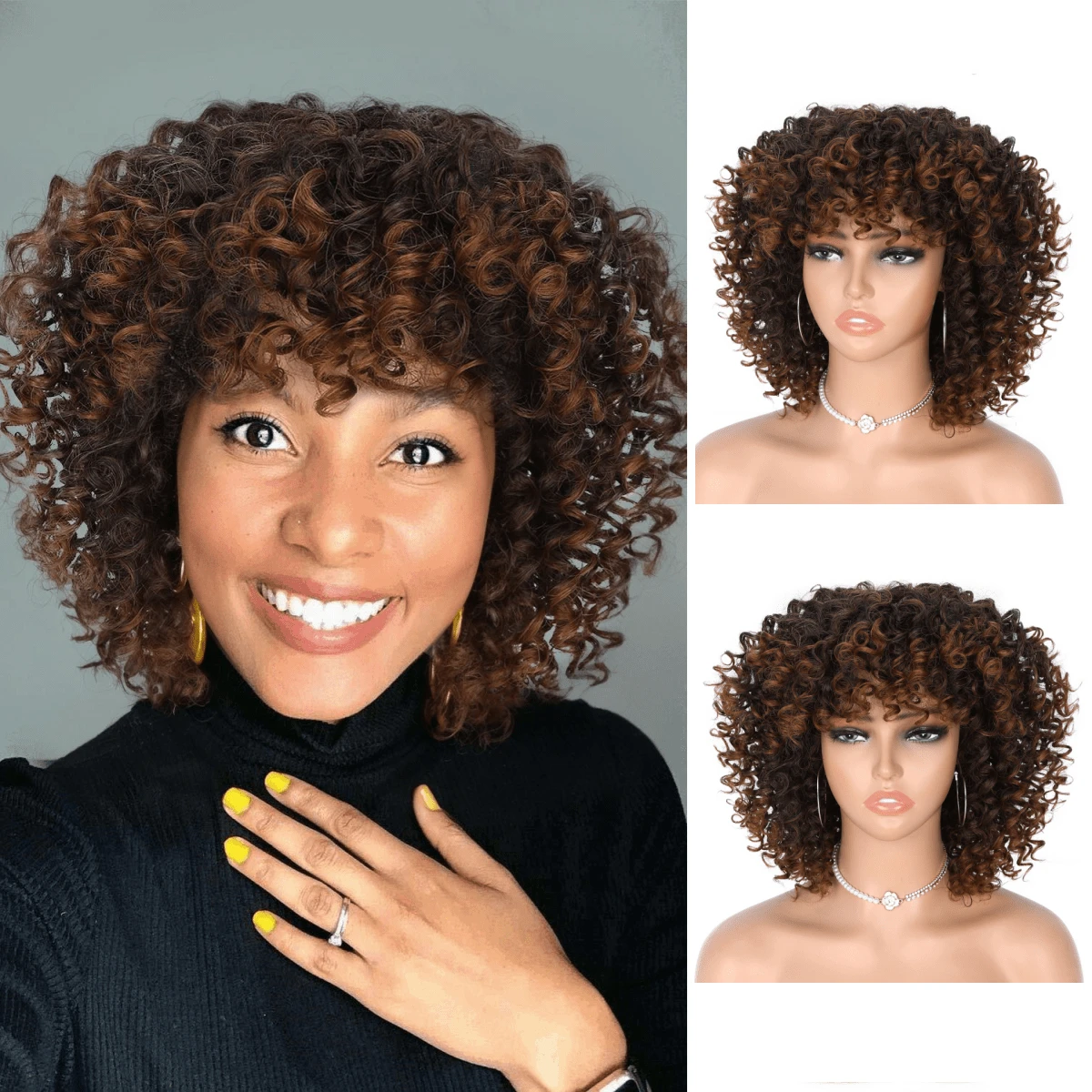 Short Curly Afro Wig With Bangs Kinky Curly Wig For Women Synthetic