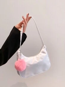 女士时尚纯色单肩包，带绒球装饰的休闲包，斜挎包和手提包，Tready 女士新月包