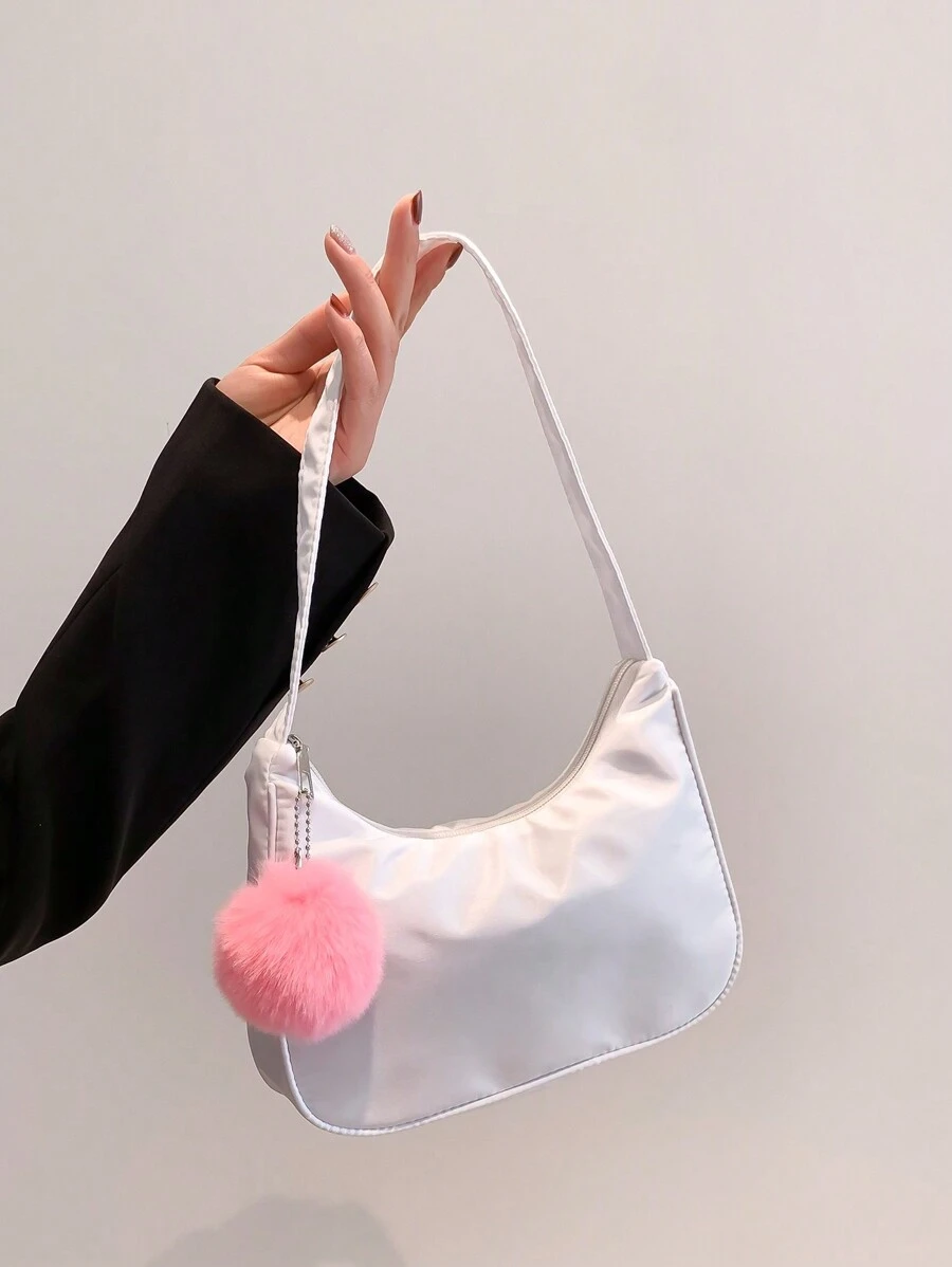 女士时尚纯色单肩包，带绒球装饰的休闲包，斜挎包和手提包，Tready 女士新月包