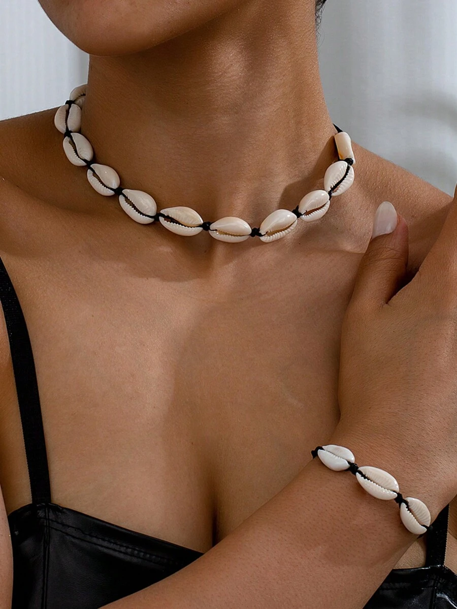 1 Set Of Summer Beach Style Casual Handmade Shell Short Collarbone Necklace Bracelet Set - Shell Set - View 1