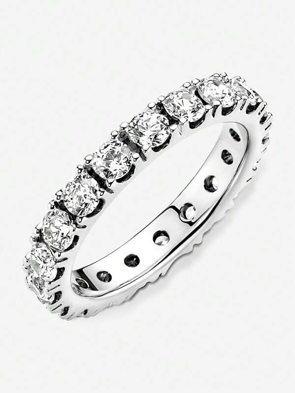 1 pezzo Anello classico eterno di fila scintillante in argento Sterling 925 con zirconia cubica, anello in argento per le donne, accessorio vintage per le dita e regalo di gioielli raffinati