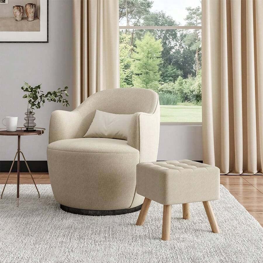 LIVINGANDHOME Living And Home Linen Fabric Padded Wooden Leg Footstool - Beige - View 1