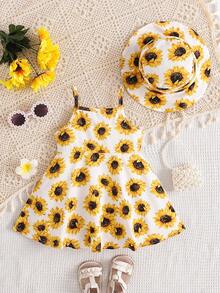 2pcs Baby Girls' Sunflower Printed Spaghetti Strap Dress And Hat Set, Summer - Yellow - View 2