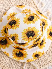 2pcs Baby Girls' Sunflower Printed Spaghetti Strap Dress And Hat Set, Summer - Yellow - View 4