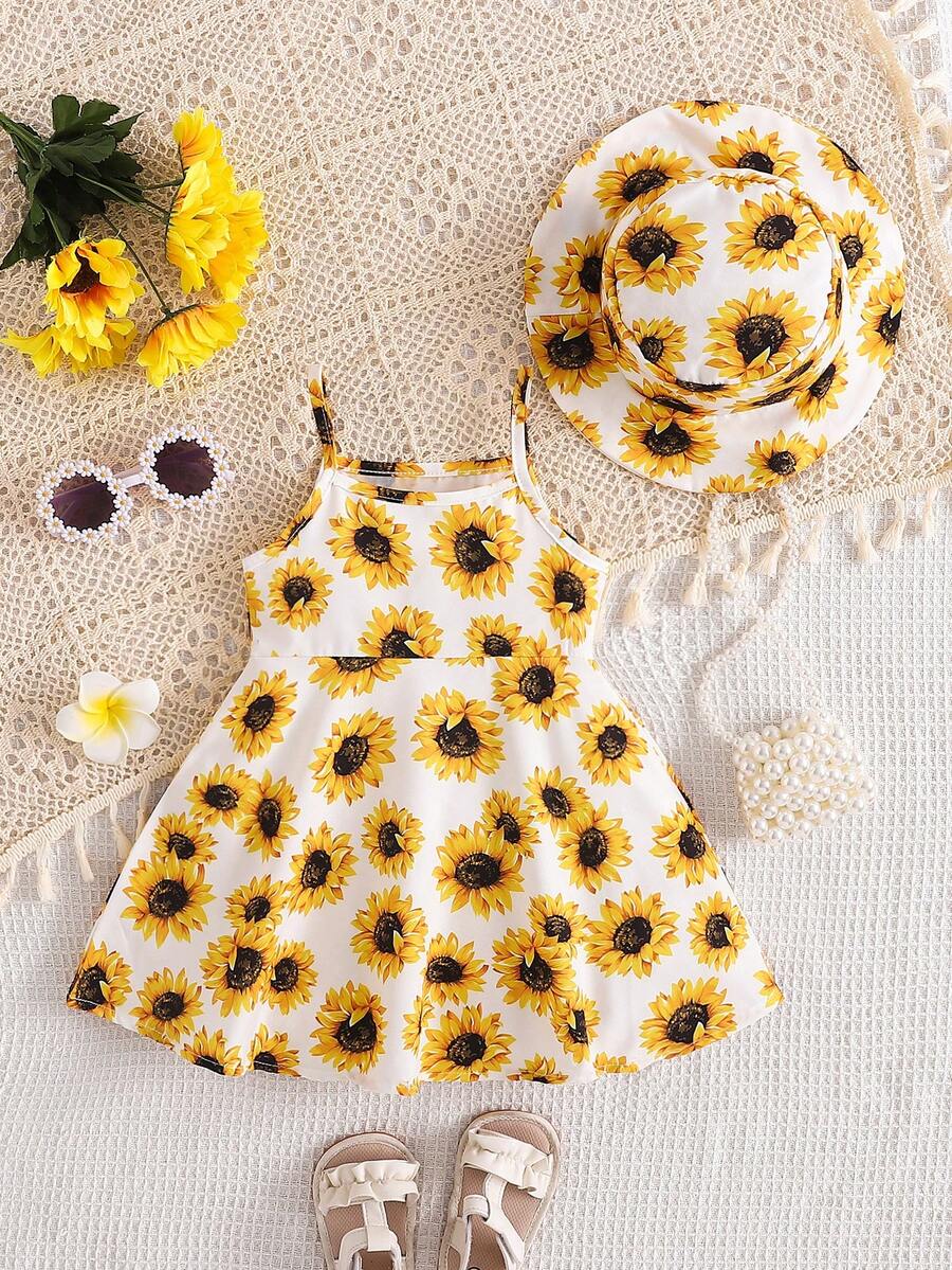 2pcs Baby Girls' Sunflower Printed Spaghetti Strap Dress And Hat Set, Summer - Yellow - View 1
