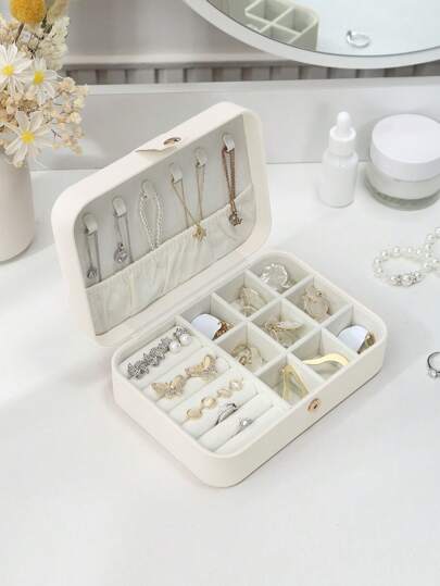 CASEGRACE 1PC Rectangle PU Leather Jewelry Box Organizer Small Travel Portable Earring Ring Jewellery Storage Case For Girl Women Wedding Birthday Gift, Gift Back To School