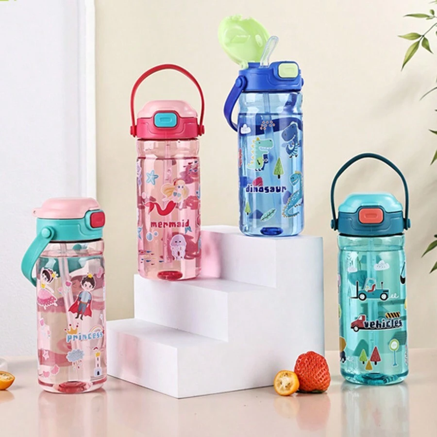 Botella de agua portátil grande con capacidad de dibujos animados con pajita para actividades al aire libre, estudiantes y niños - Azul - Ver 1