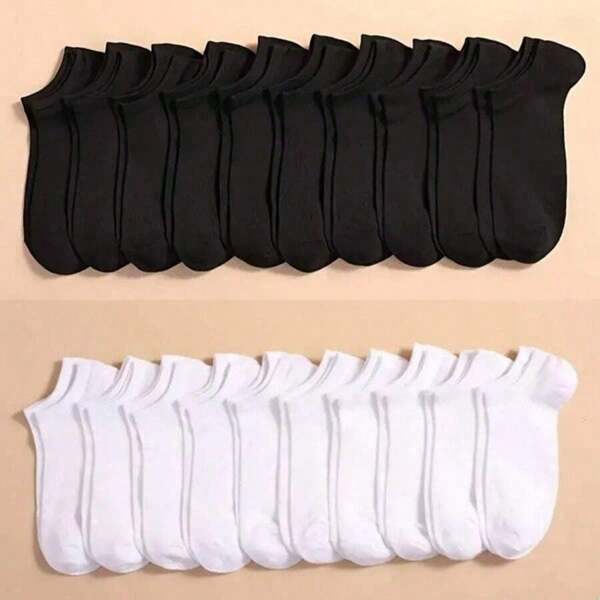 5/10/20 Pairs Solid Black & White Knee-High Socks, Breathable Short Socks For Spring, Summer And Autumn