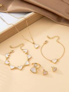 Set de joyas con 1 collar de colgante en forma de corazón asimétrico romántico y exquisito, 2 pulseras, 1 pieza de aretes y 1 anillo - En forma de corazón - Ver 15