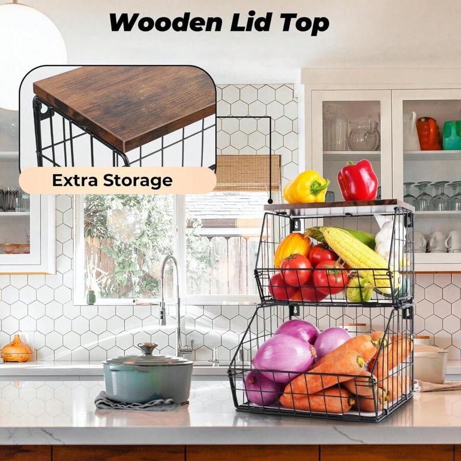 2 Tier Stackable Wall Mounted Hanging Basket, Fruit Basket For Kitchen