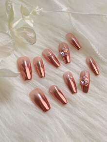 Transform Your Nails With 10pcs Long Coffin Metal Rose Gold Gradient European Style Fake Nails 3d Three-Dimensional Decoration Rhinestone Decor Butterfly Nordic Full Cover Acrylic Novelty Fake Nails For Women And Girls - Rose Red - View 5