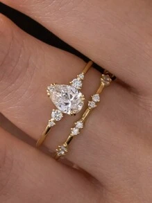 Tsnamer Set de 2 anillos con forma de pera y gota de agua brillante con circonita cúbica para mujeres y adolescentes, anillo de compromiso, propuesta, boda, uso diario, casual, fiesta, joyería de cumpleaños - anillo - Ver 1