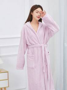 1pc Autumn/Winter Thermal Lined V-Neck Long Cardigan Robe, Coral Fleece Lined Long Sleeve With Pockets Casual Plush Robe, Women Sleepwear