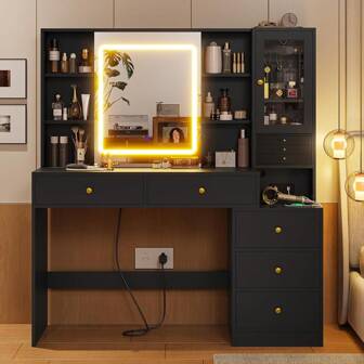Lighted Makeup Vanity Table With Drawers, Makeup Desk With Storage, Dressing Table With Charging Station, Black