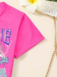 Young Girl Summer 2024 New Printed Short Sleeve Top, For Summer - Pink - View 5